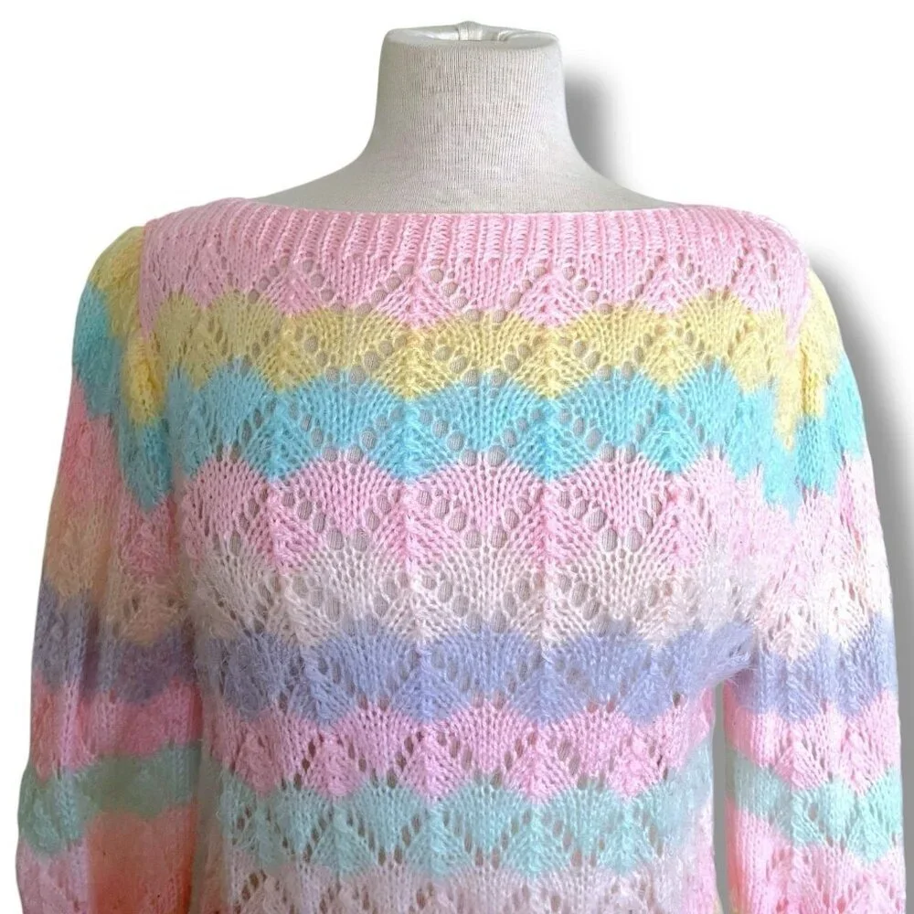 Vintage 1970s Womens Hand Knit Sweater Sz Medium Pointelle Pastel Fairy Kei - Picture 4 of 7